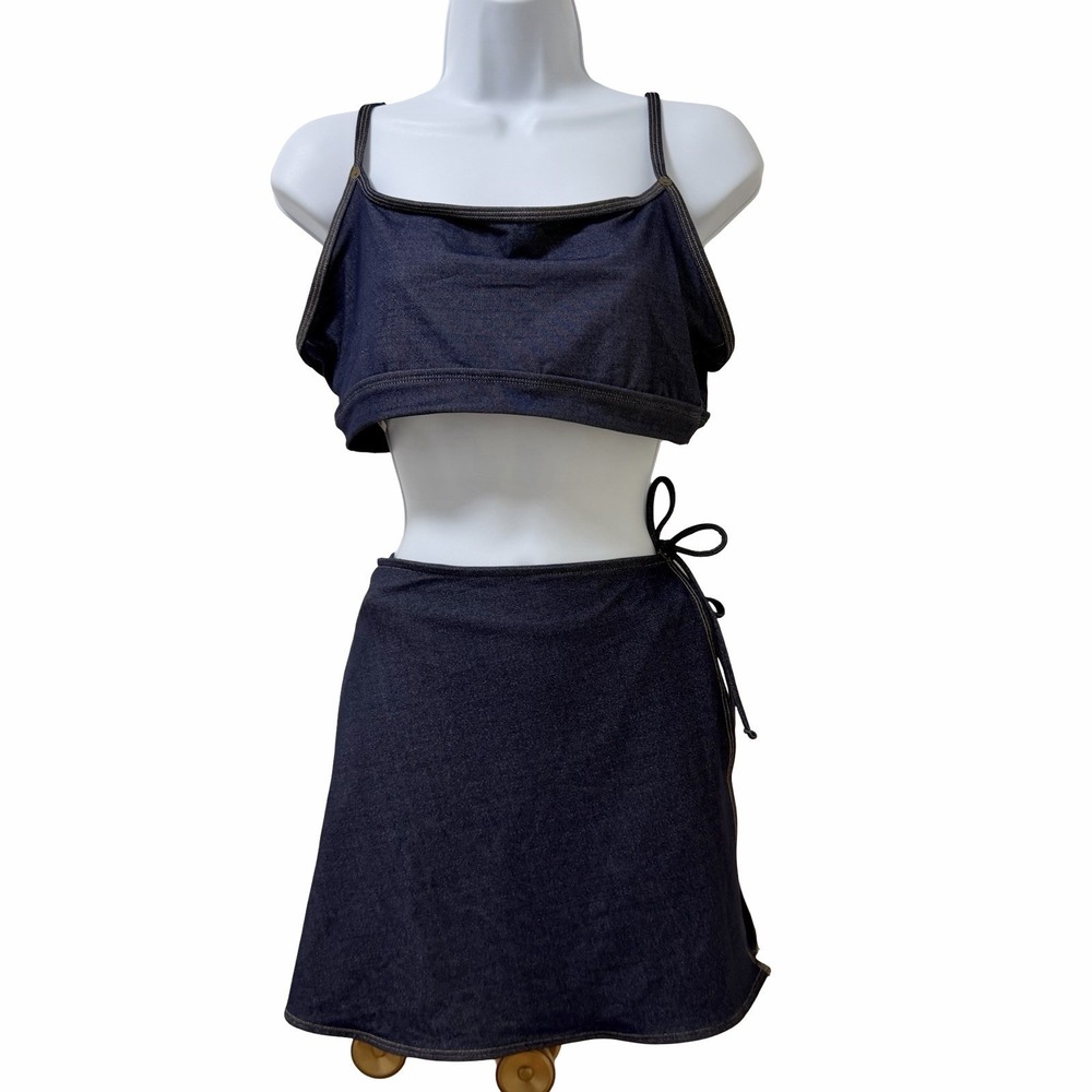 Aerie High Cut Cheeky Bottoms & Bralette &‎ Skirt Bikini Set Size L/XL Navy NEW